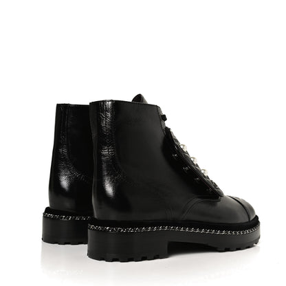 Chanel Crackled Calfskin Velvet Pearl Combat Short Boots 39.5 Black 4 of 11