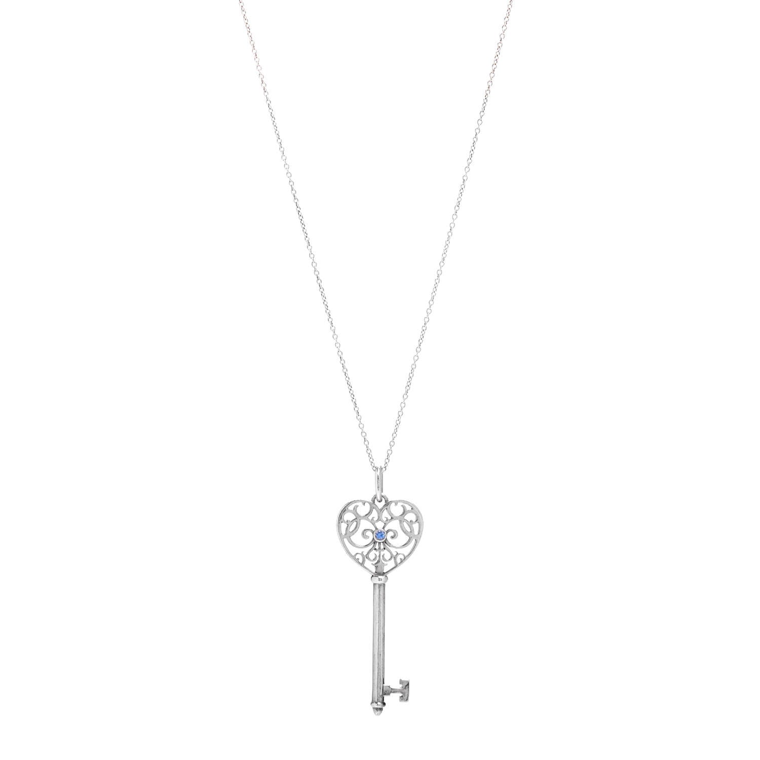 Tiffany Sterling Silver Blue Sapphire Enchant Heart Key Pendant Necklace 1 of 4