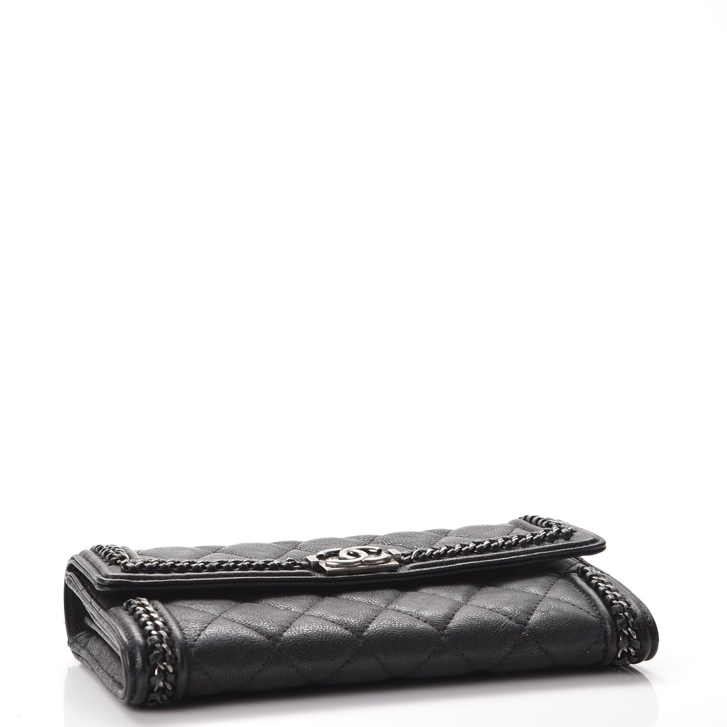 Calfskin Quilted Boy Chain Around Flap Wallet Black
