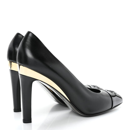 Chanel Lambskin Patent Metal Cap Toe CC Pumps 37.5 Black Gold 4 of 11