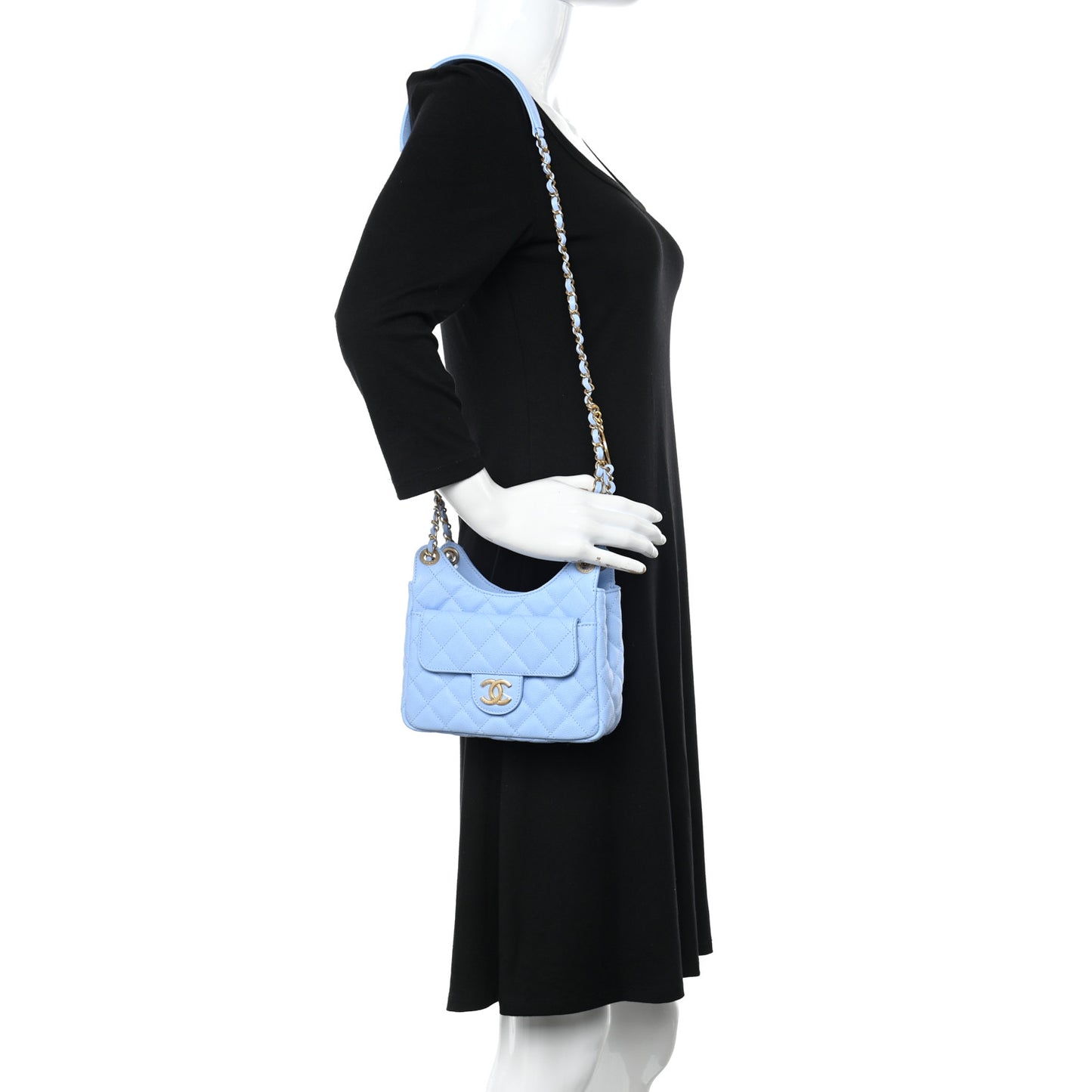 Caviar Quilted Small Wavy CC Hobo Light Blue