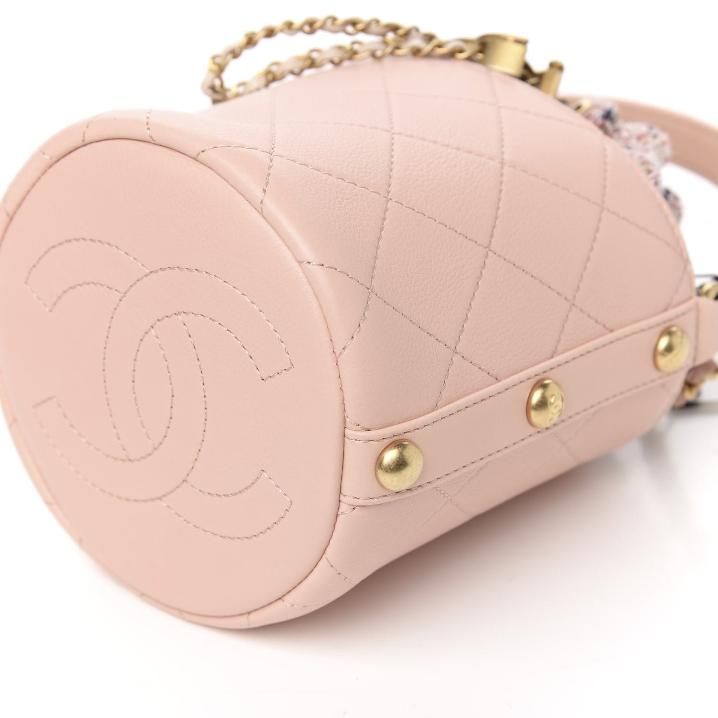 Calfskin Tweed Small CC Chain Bucket Drawstring Bag Light Pink