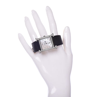 Hermes Stainless Steel Barenia Diamond Bezel Mother of Pearl 26mm Heure H Hour Quartz Watch Noir 2 of 10