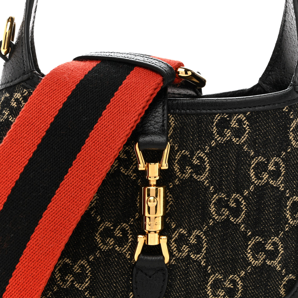 Gucci Jacquard Black Denim GG Monogram Textured Dollar Calfskin Mini Jackie 1961 Hobo Black Ivory 8 of 13