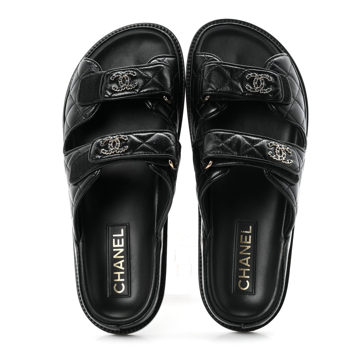 Chanel Lambskin Quilted Velcro Dad Chain CC Slide Sandals 39.5 Black 2 of 10