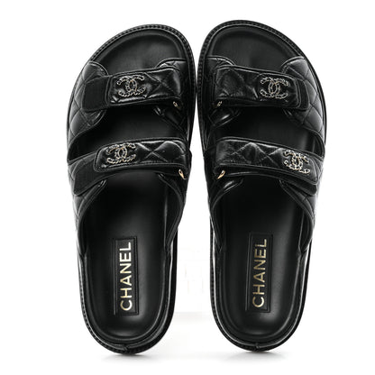Chanel Lambskin Quilted Velcro Dad Chain CC Slide Sandals 39.5 Black 2 of 10