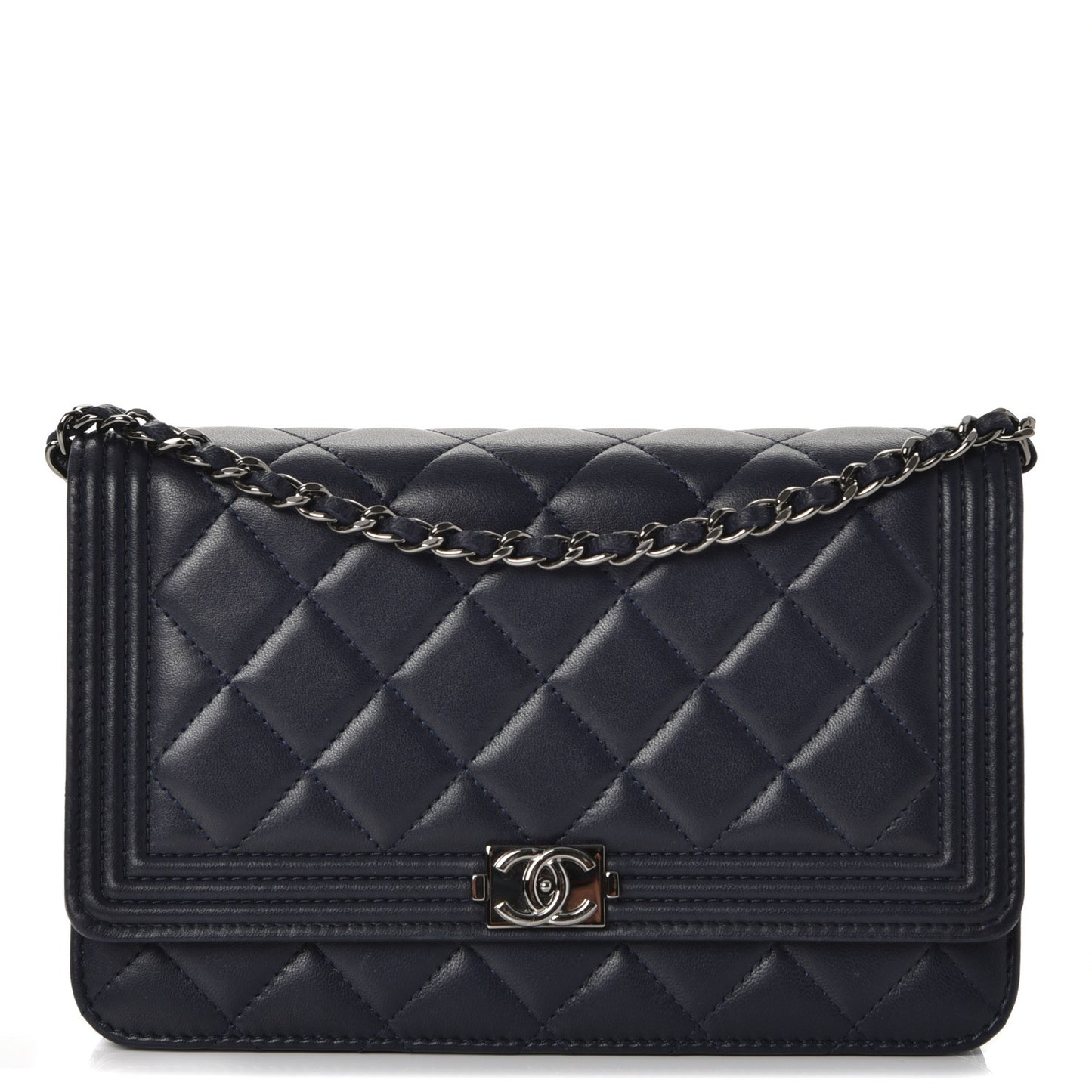 Lambskin Quilted Boy Wallet On Chain WOC Navy Blue