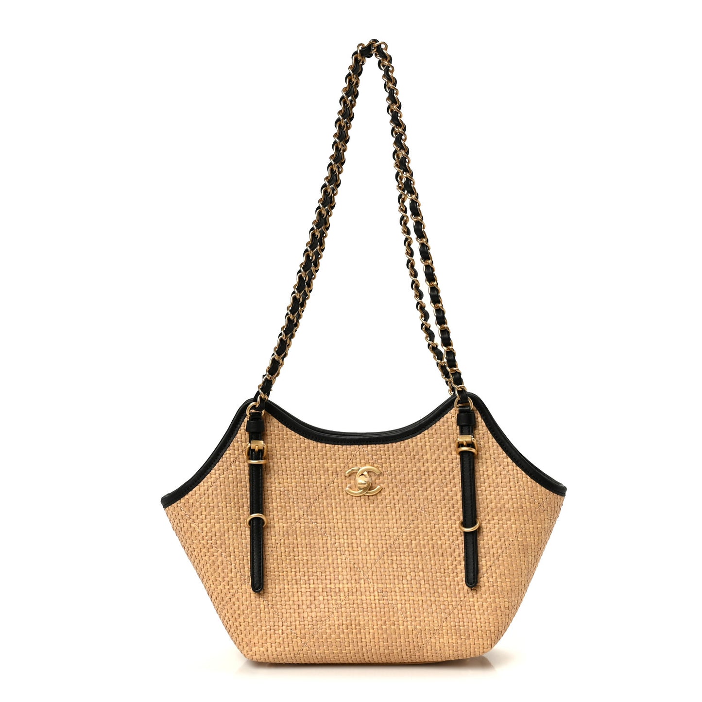 Braided Raffia Stitched Small Shopping Bag Dark Beige Black