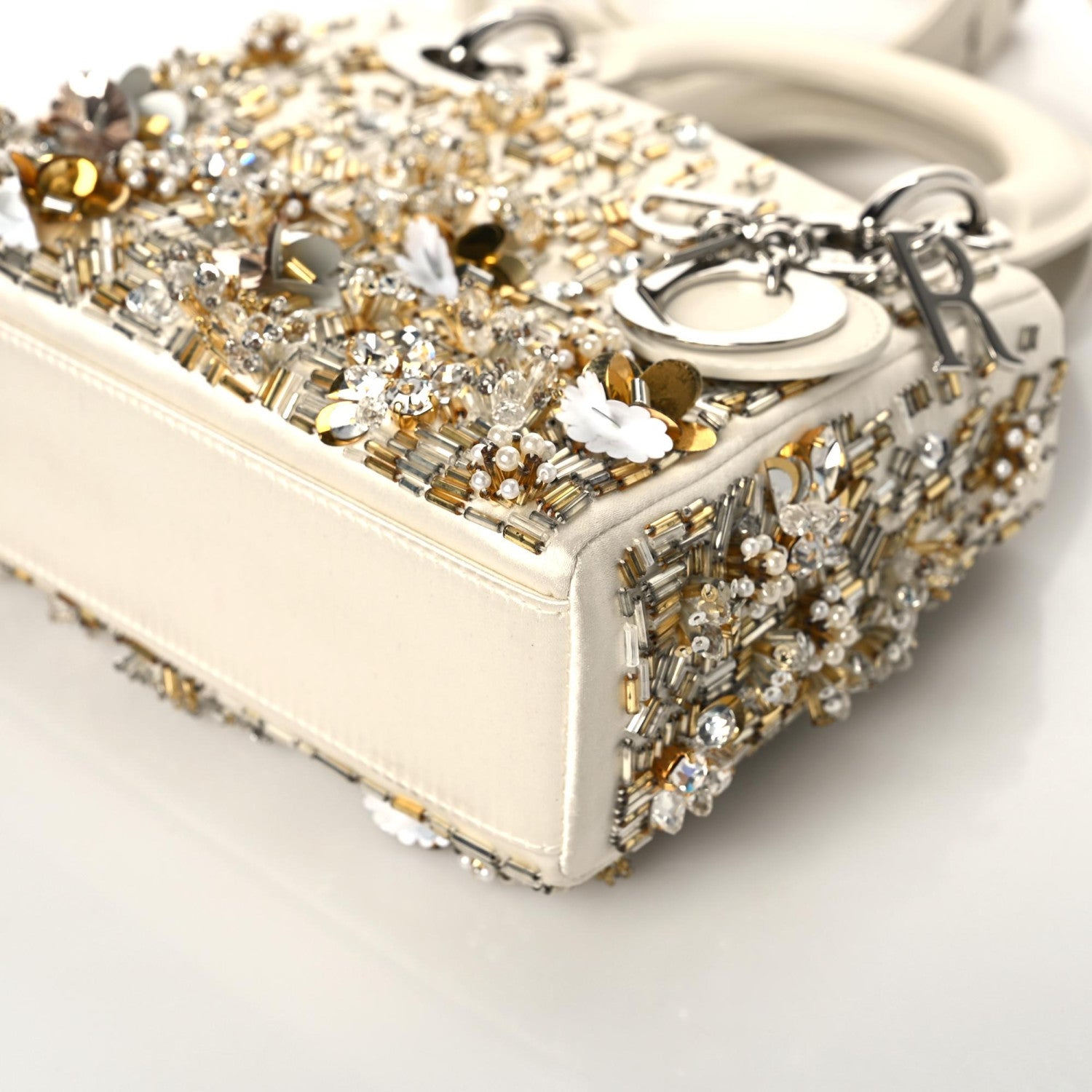 Christian Dior Satin Lambskin Sequin Embroidered Mini Lady Dior White Gold 5 of 9