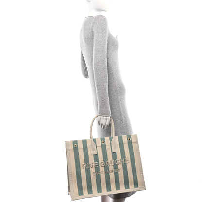 Saint Laurent Cotton Linen Calfskin Striped Rive Gauche Tote Water Green 2 of 10