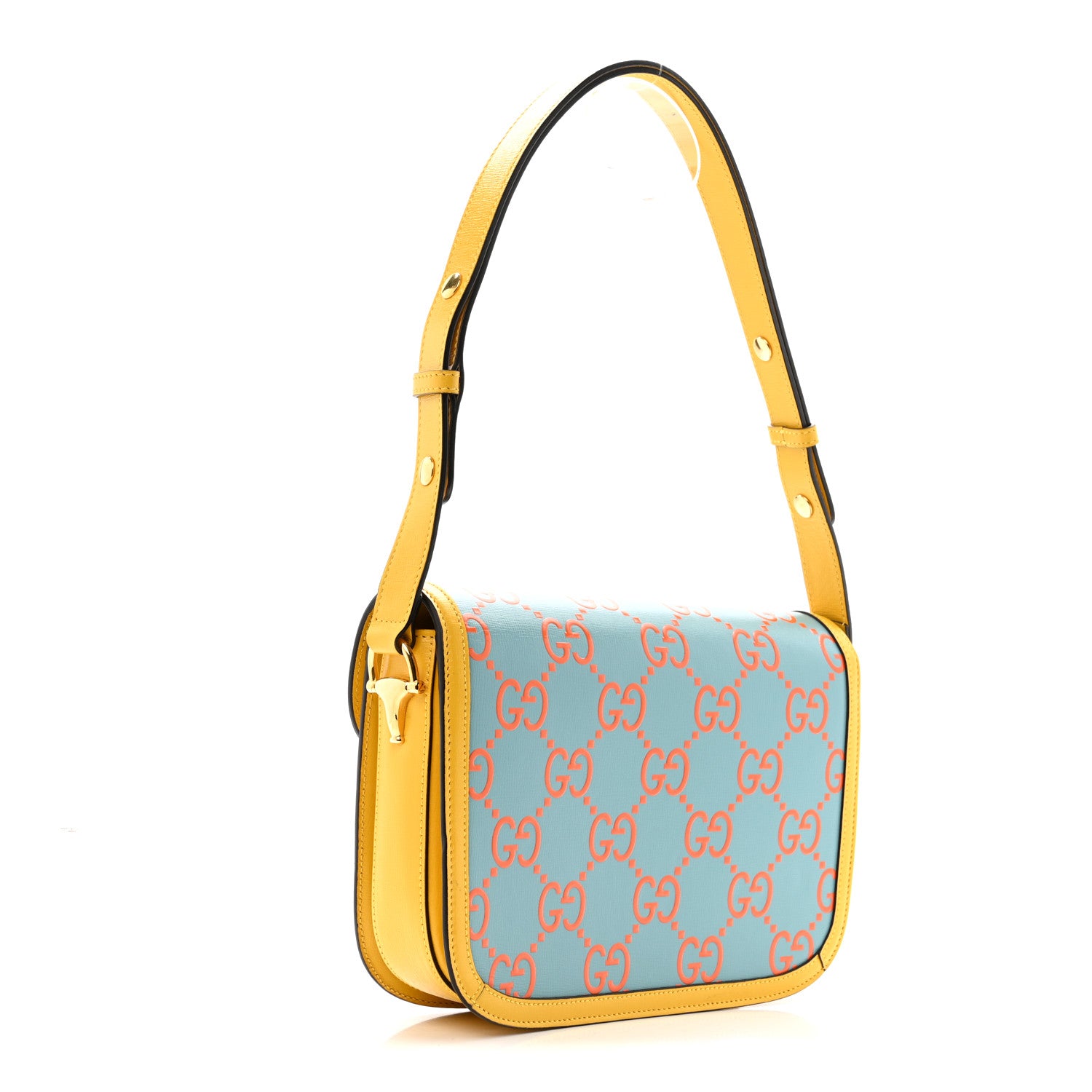 Gucci Azalea Calfskin GG Monogram Bi-Color Debossed Horsebit 1955 Shoulder Bag Dusty Azure Stone Topaz Deep Orange 3 of 16