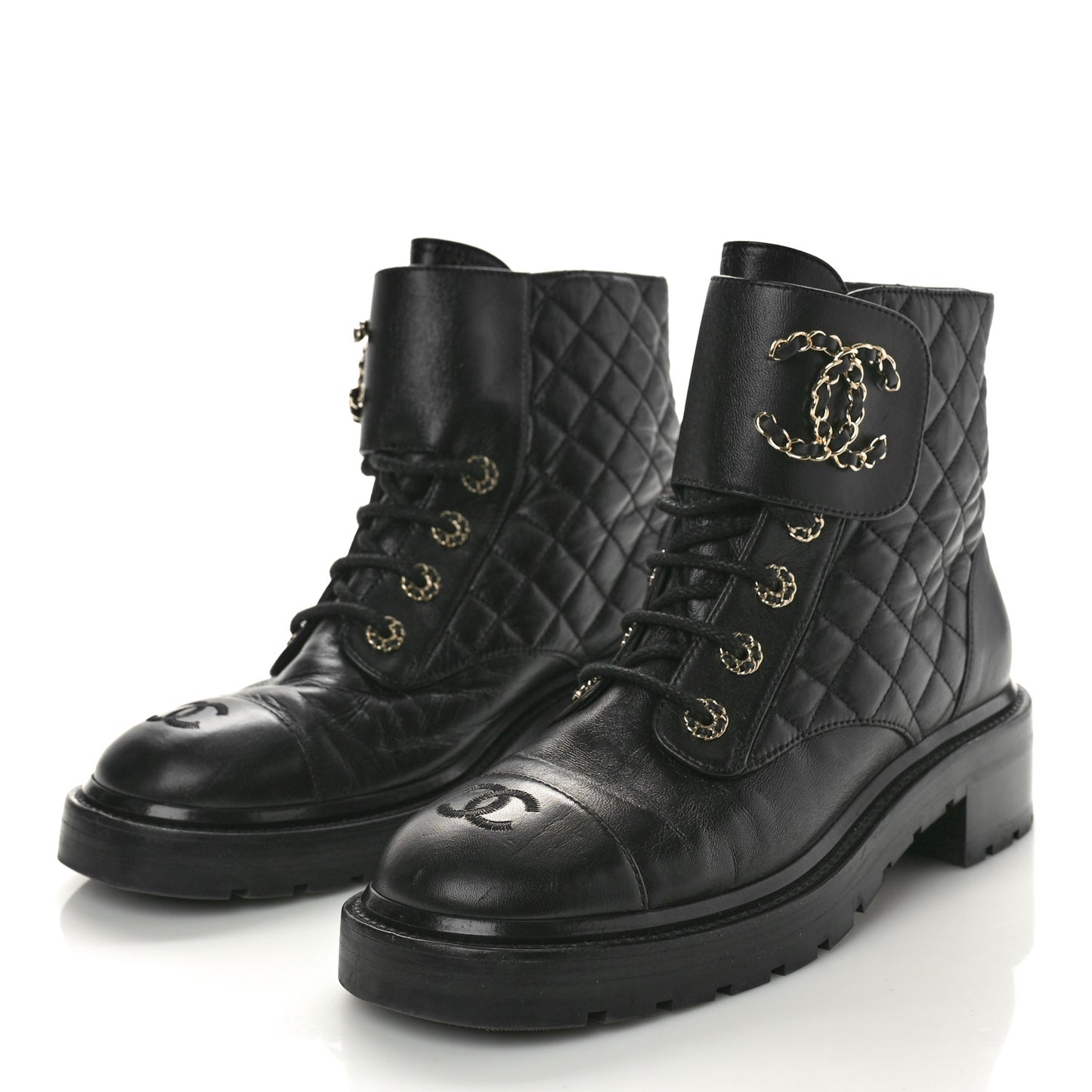 Shiny Lambskin Quilted Lace Up Combat Boots 40 Black