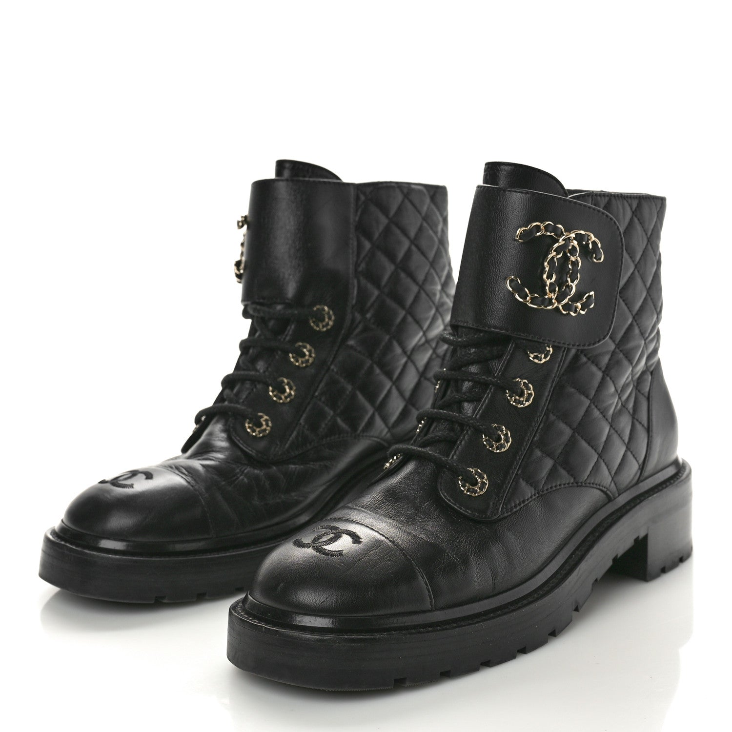 Chanel Shiny Lambskin Quilted Lace Up Combat Boots 40 Black 4 of 9