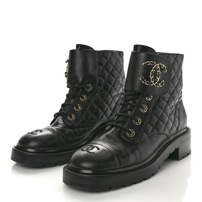 Chanel Shiny Lambskin Quilted Lace Up Combat Boots 40 Black 4 of 9