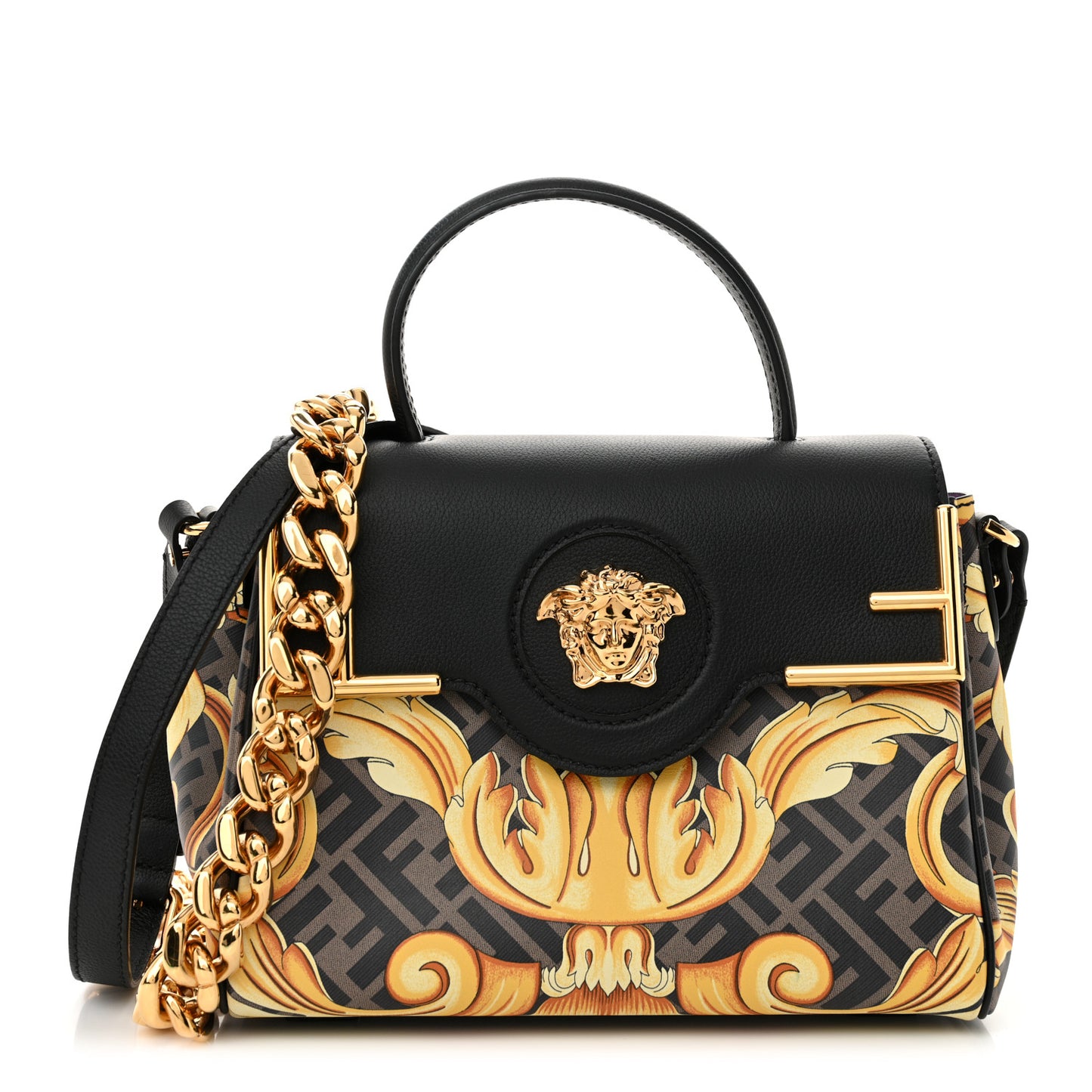 X FENDI Grained Calfskin Fendace La Medusa Medium Top Handle Bag Black Multicolor