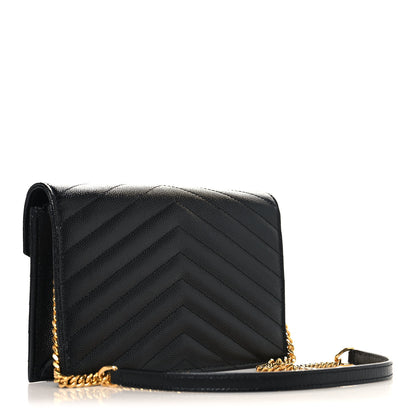 Saint Laurent Grain De Poudre Matelasse Chevron Monogram Envelope Chain Wallet Black 3 of 10