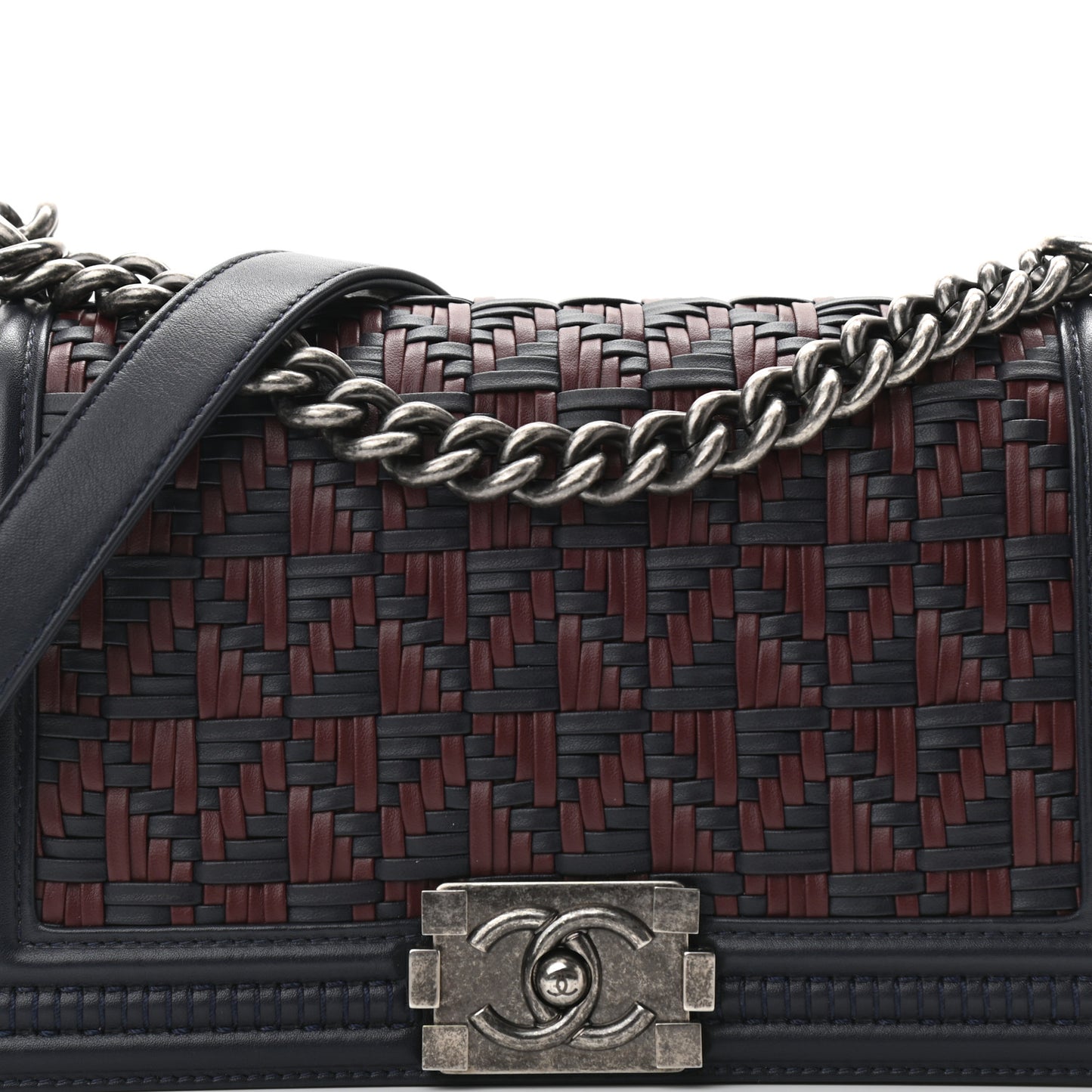 Calfskin Woven Medium Boy Flap Blue Burgundy