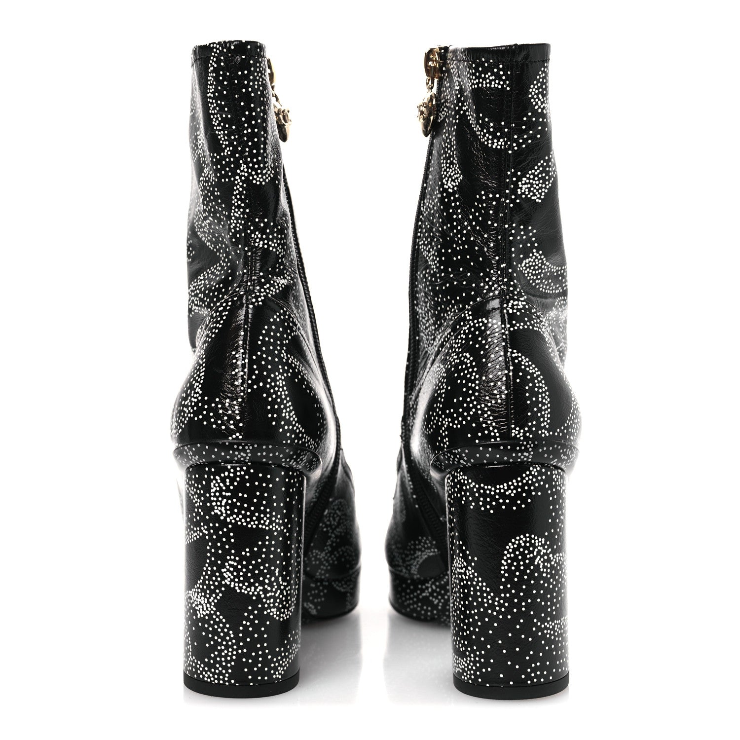 Chanel Calfskin Camellia Printed Ankle Boots 38.5 Black White 6 of 11