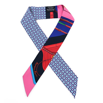 Hermes Silk Clic Clac Modern Cannage Twilly Rose Vif Bleu Rouge 1 of 3