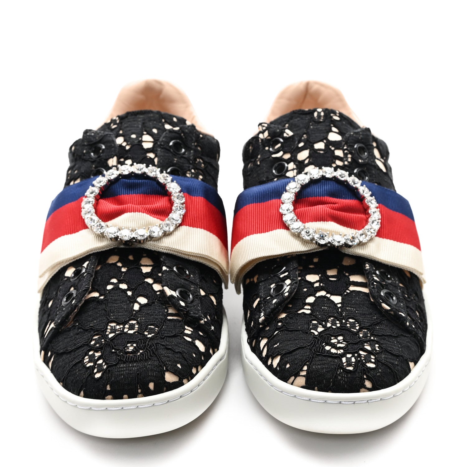 Gucci Lace Crystal Sylvie Web Flower Leaf Womens Ace Sneakers 37 Black Tan Beige 3 of 11