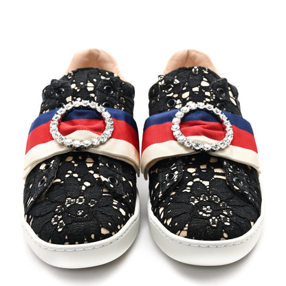 Gucci Lace Crystal Sylvie Web Flower Leaf Womens Ace Sneakers 37 Black Tan Beige 3 of 11