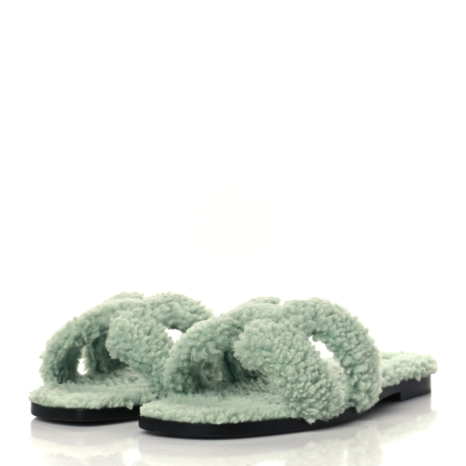Hermes Woolskin Oran Sandals 37.5 Vert D’Eau 3 of 8