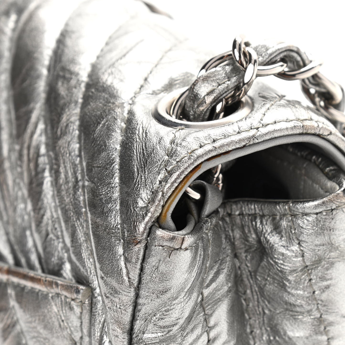 Metallic Patent Crumpled Calfskin Chevron Quilted Mini Square Flap Silver