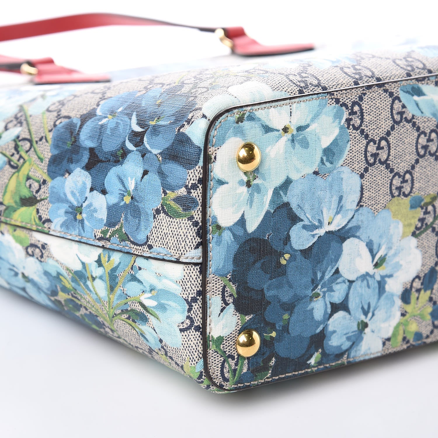 Gucci GG Supreme Monogram Blooms Medium Zippered Bucket Tote Beige Blue Navy Hibiscus Red 9 of 10