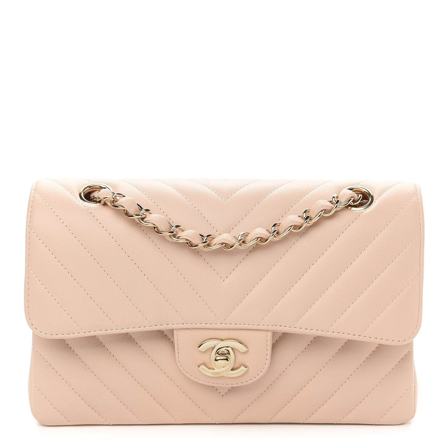 Caviar Chevron Quilted Small Double Flap Beige