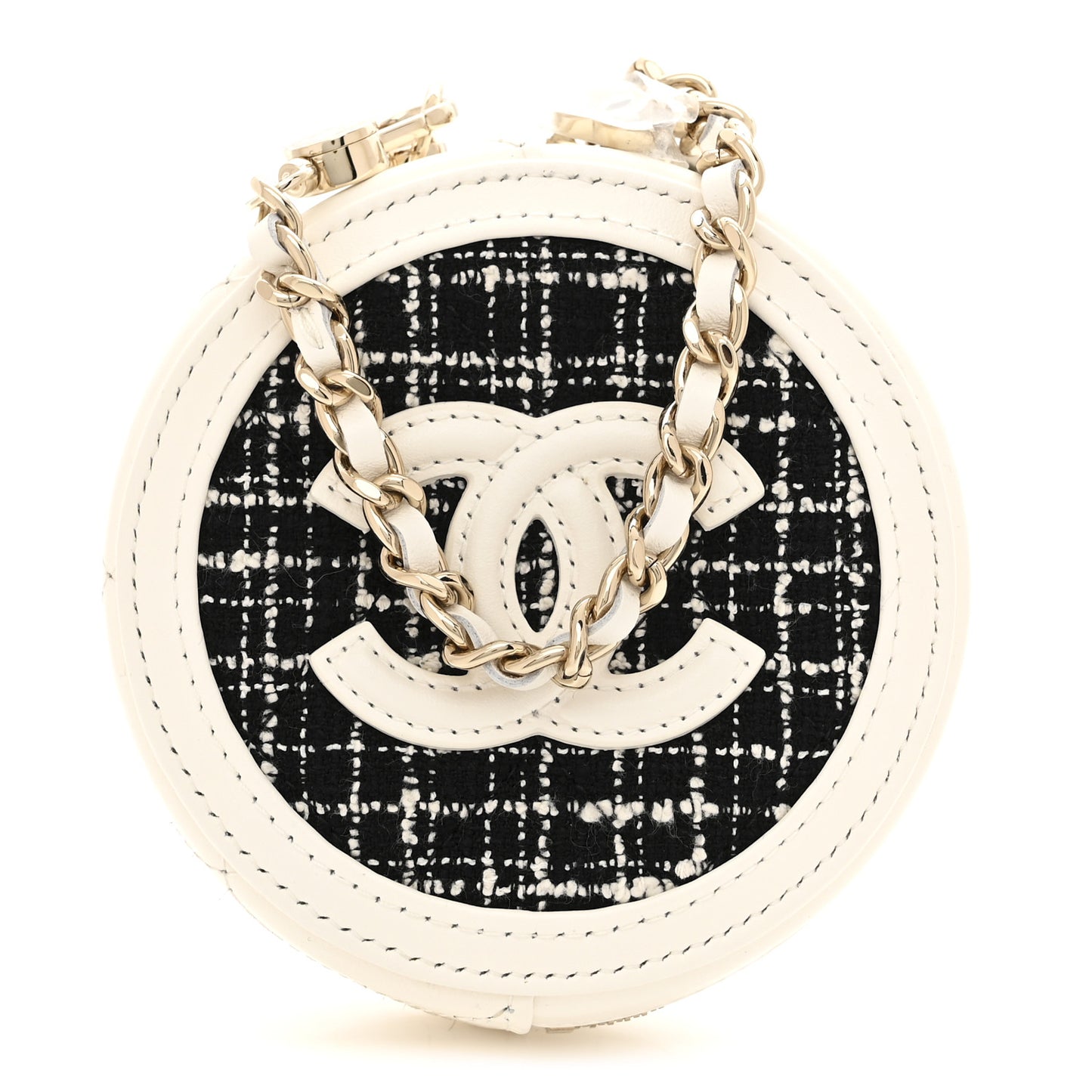 Tweed Quilted Round Filigree Clutch With Chain White Multicolor