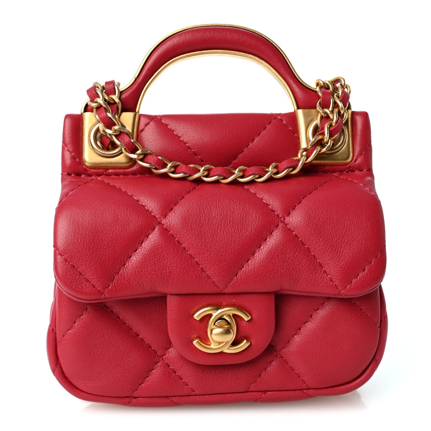 Calfskin Quilted Lady Handle Flap Card Holder With Chain Dark Pink