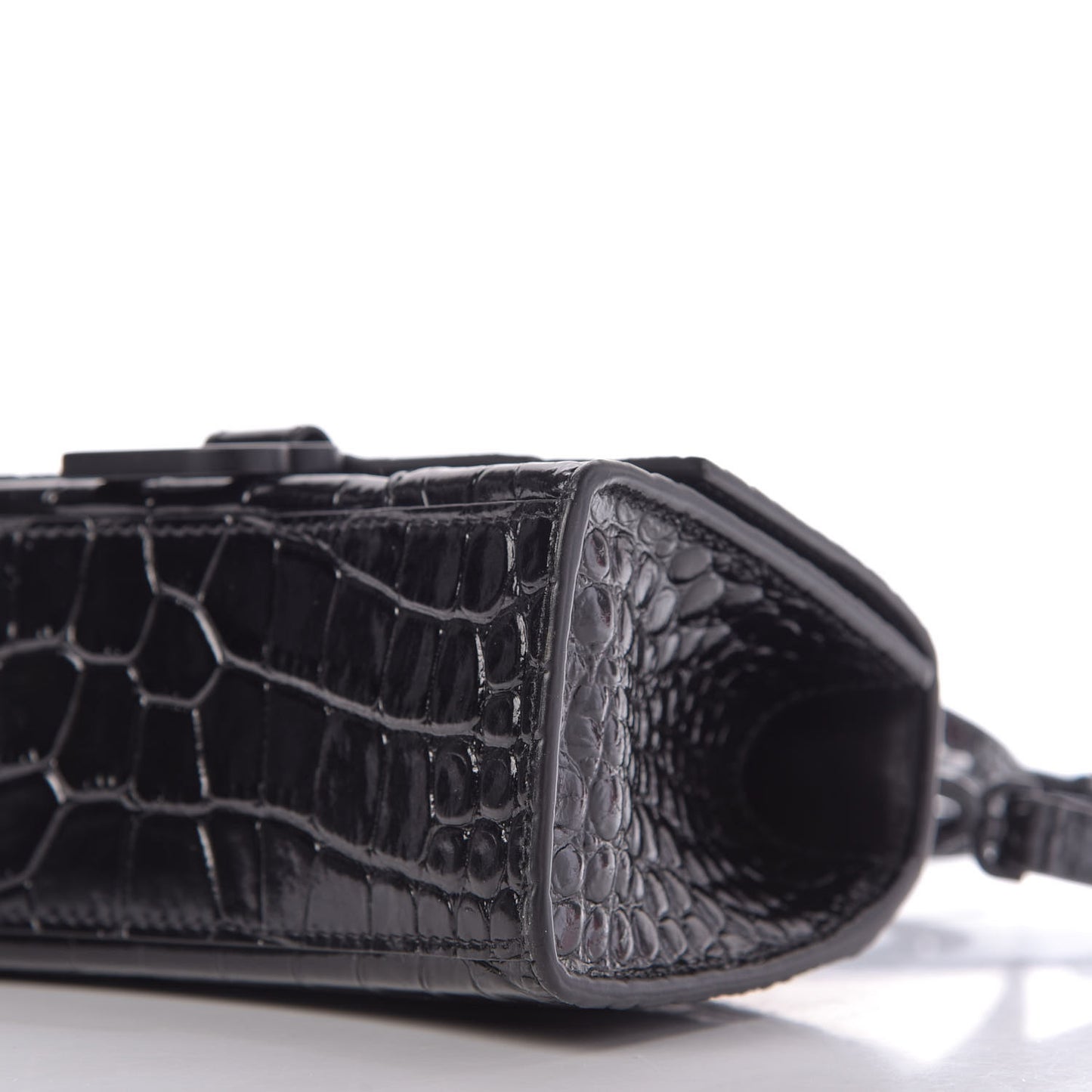 Shiny Calfskin Monochrome Crocodile Embossed Hourglass Top Handle Bag XS Black