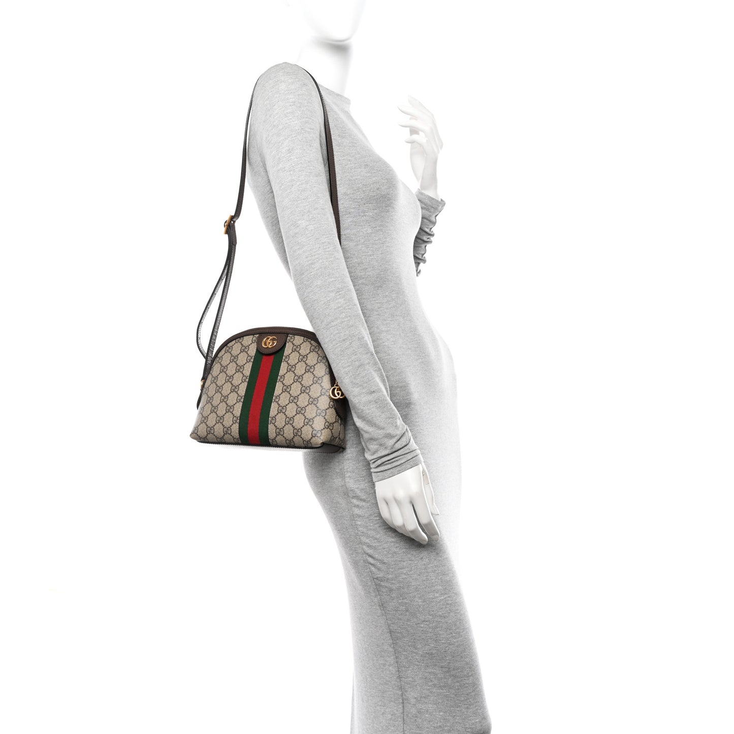 GG Supreme Monogram Textured Dollar Calfskin Web Small Ophidia Dome Shoulder Bag Beige Ebony New Acero