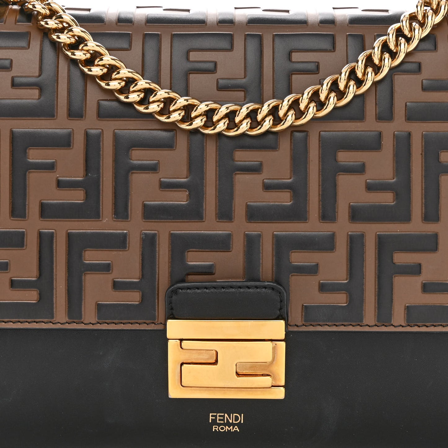 Vitello Liberty Bi-Color FF 1974 Embossed Chain Strap Kan U Shoulder Bag Black Maya