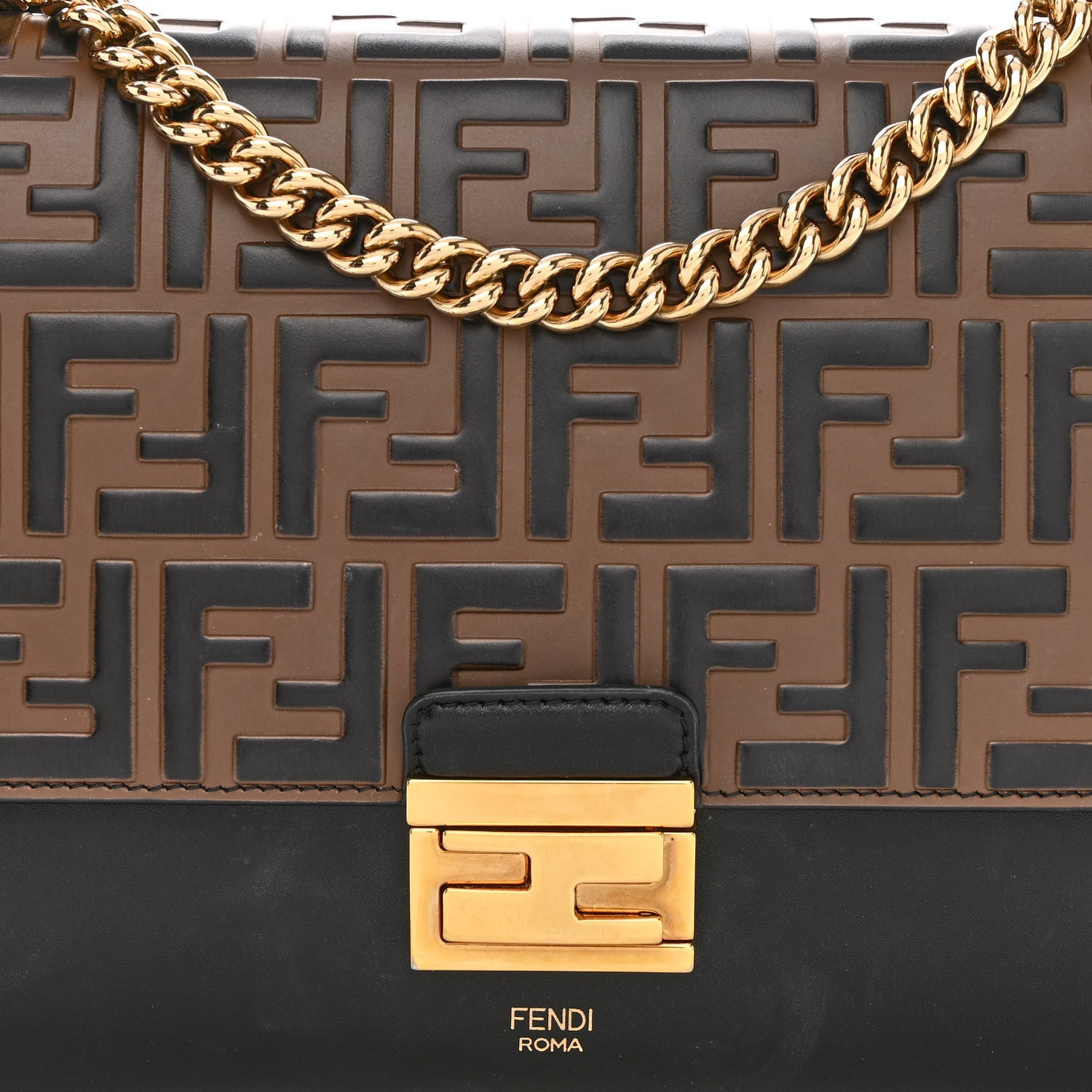 Fendi Vitello Liberty Bi-Color FF 1974 Embossed Chain Strap Kan U Shoulder Bag Black Maya 8 of 10