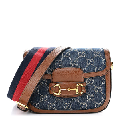 Gucci New Denim GG Monogram Dollar Calfskin Web Mini Horsebit 1955 Shoulder Bag Blue Tea Cuir Epilog 1 of 10