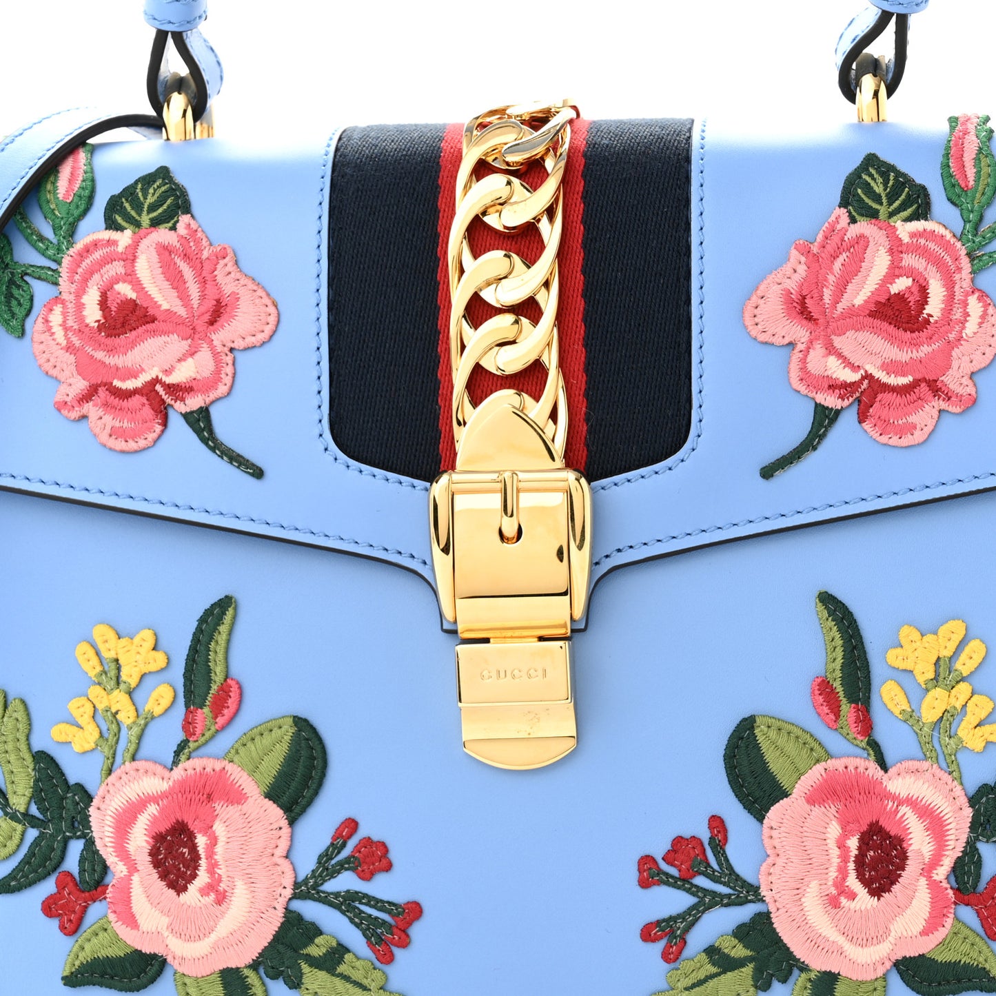 Calfskin Embroidered Medium Sylvie Top Handle Bag Clear Sky Blue