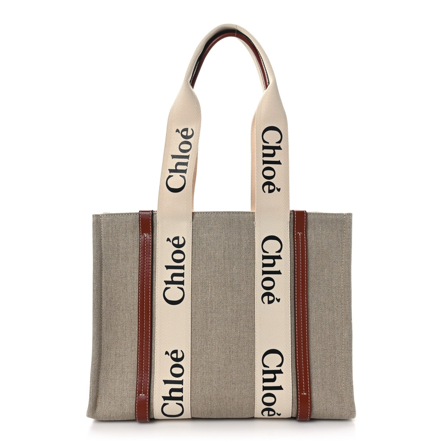 Chloe Cotton Calfskin Medium Woody Ribbon Tote White Brown 1 of 8