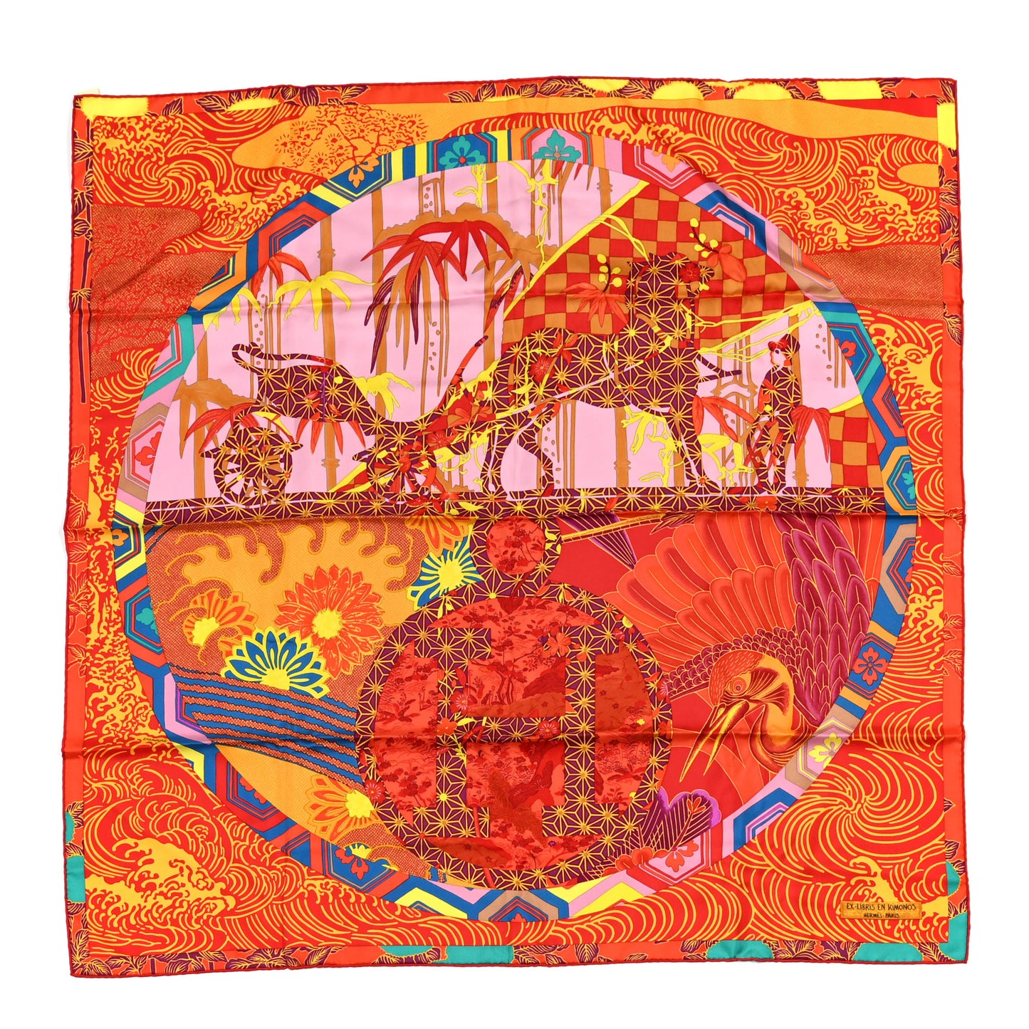 Silk Ex Libris En Monogram Kimonos Scarf 90 Rouge Rose Jaune