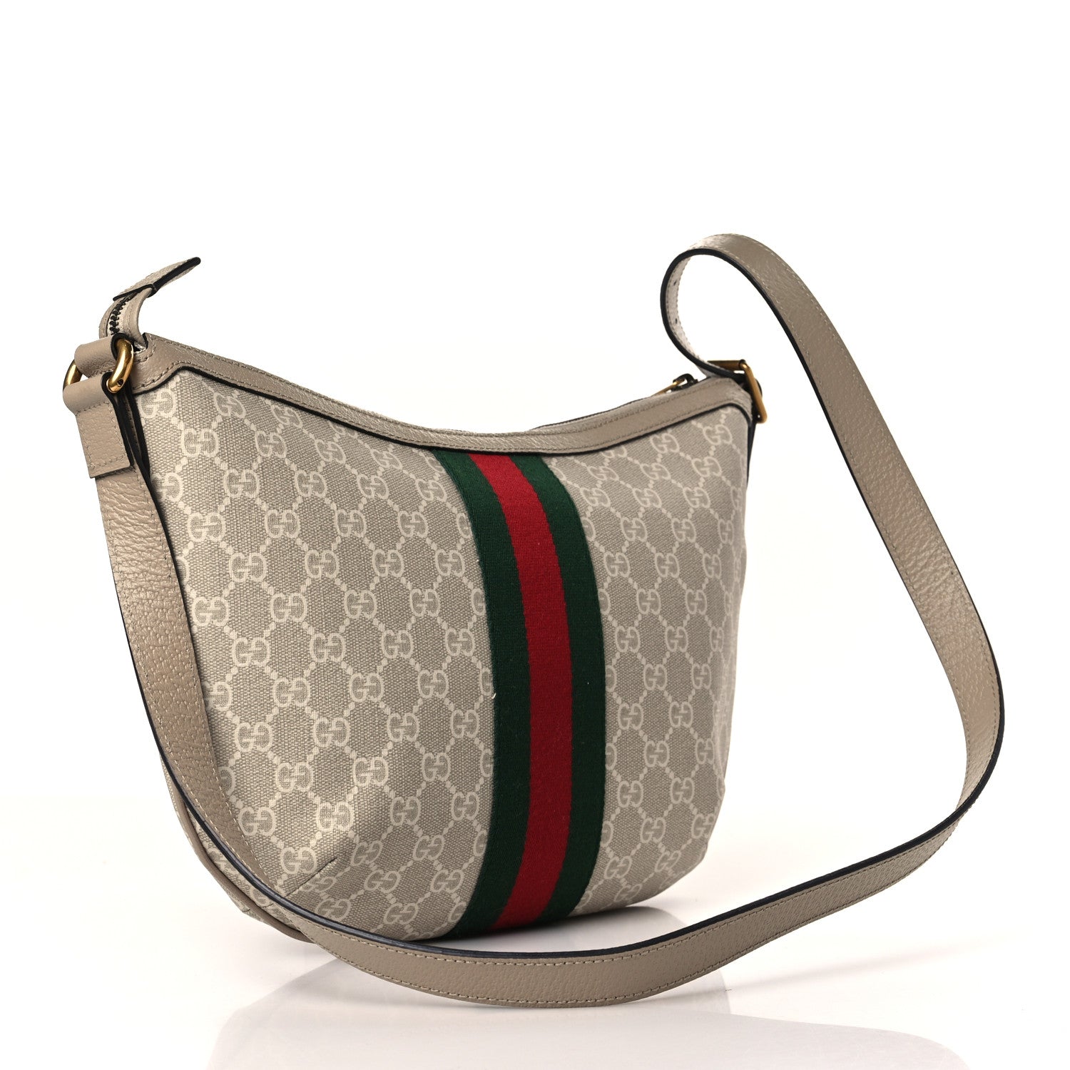 Gucci GG Supreme Monogram Textured Dollar Calfskin Web Small Ophidia Half Moon Hobo Beige Mystic White Oatmeal 3 of 9