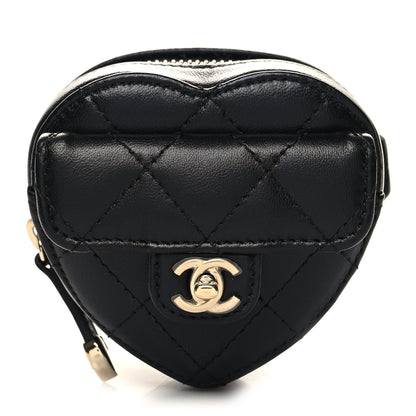 Chanel Lambskin Quilted CC In Love Heart Zipped Arm Coin Purse Black 1 of 9
