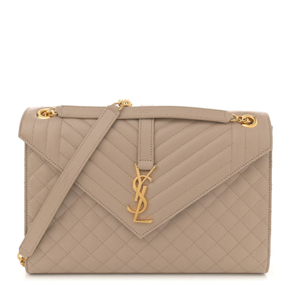 Saint Laurent Grain De Poudre Mixed Matelasse Large Triquilt Monogram Satchel Dark Beige 1 of 13