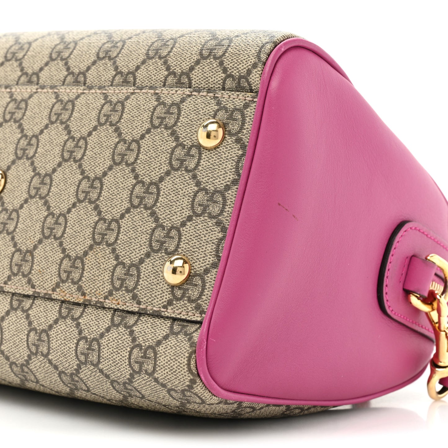 GG Supreme Monogram Moon Calfskin Small Boston Beige Ebony Hibiscus Red New Rosette