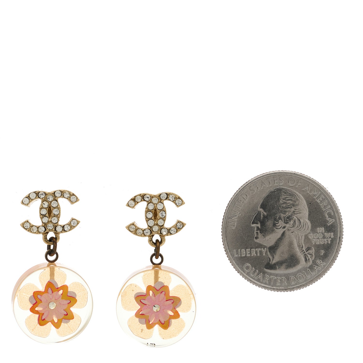 Chanel Resin Crystal CC Flower Drop Earrings Gold Transparent Pink 2 of 5