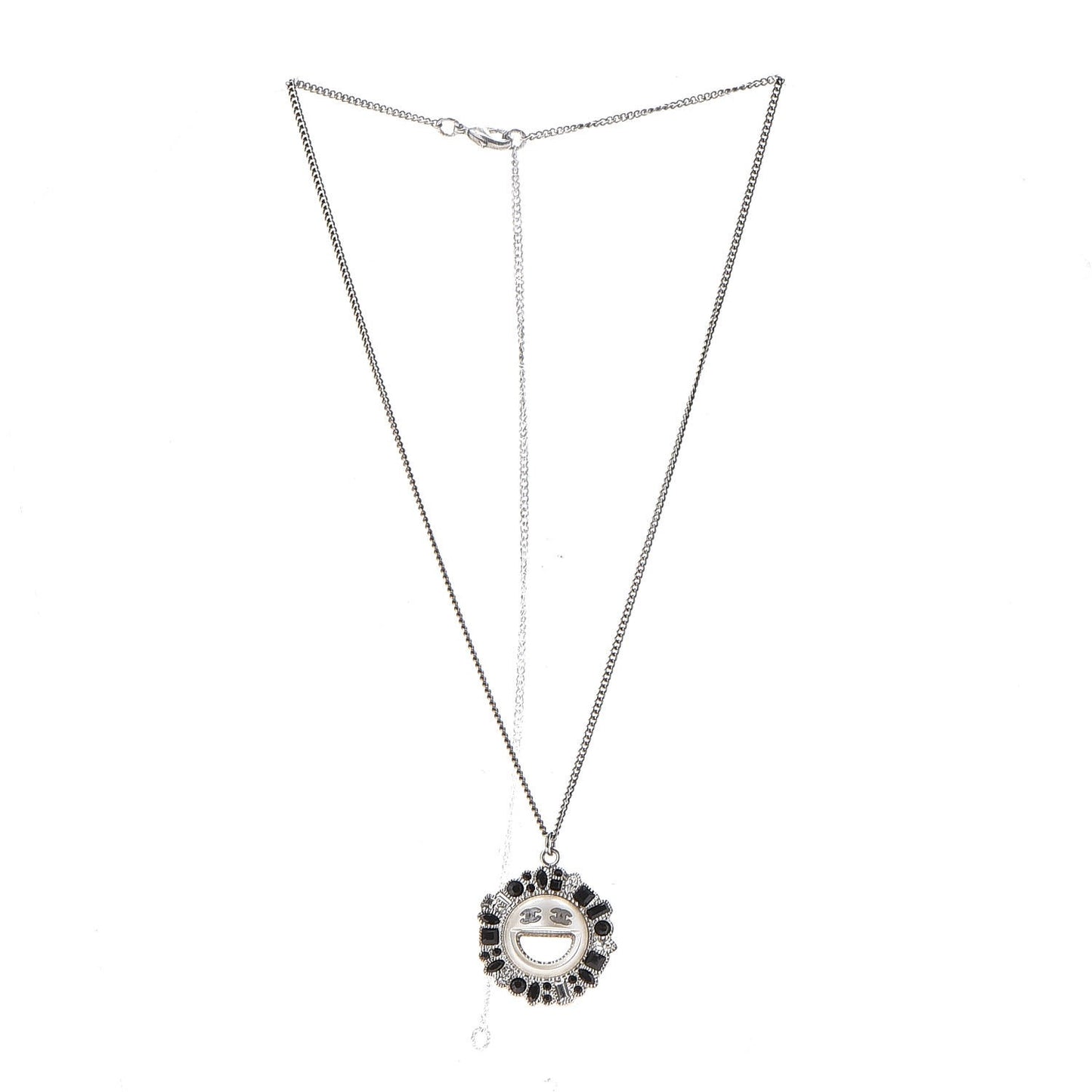 Crystal CC Smiley Emoji Pendant Necklace Silver Black