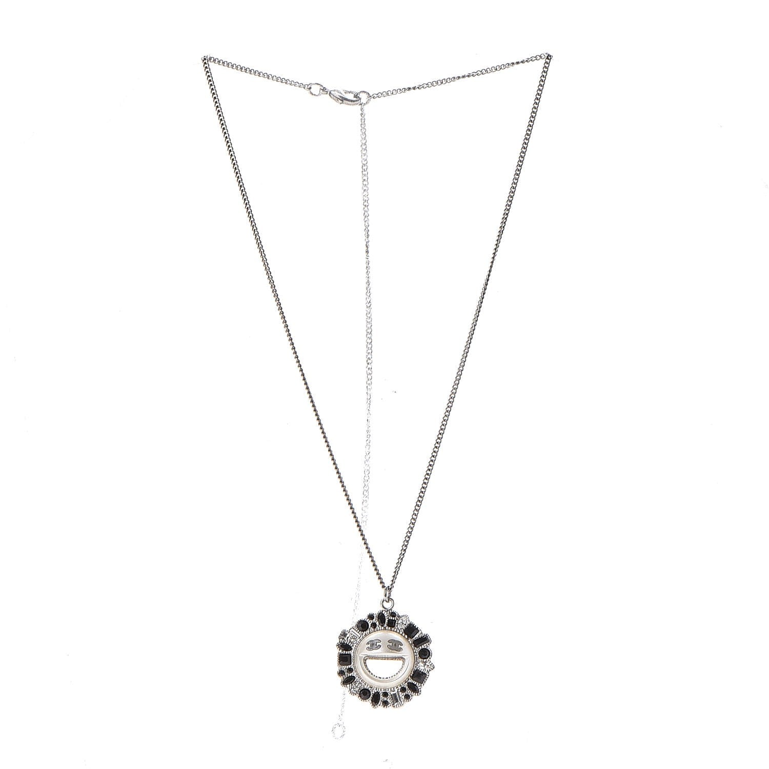 Chanel Crystal CC Smiley Emoji Pendant Necklace Silver Black 4 of 6