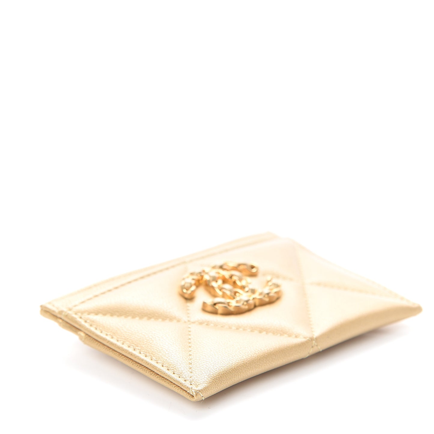 Metallic Goatskin Quilted Chanel 19 Card Holder Gold