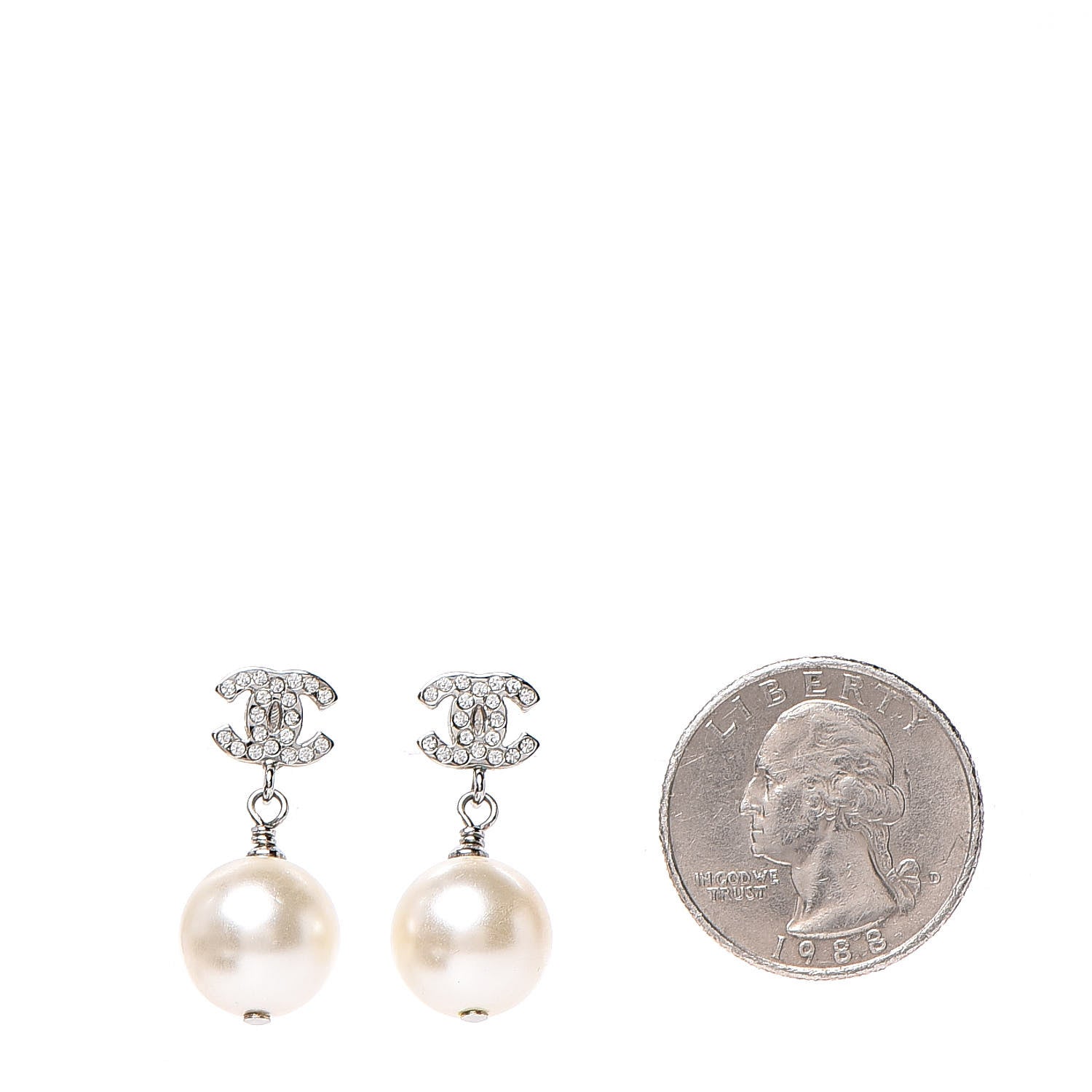 Chanel Crystal Pearl CC Drop Earrings Silver Pearly White 2 of 5