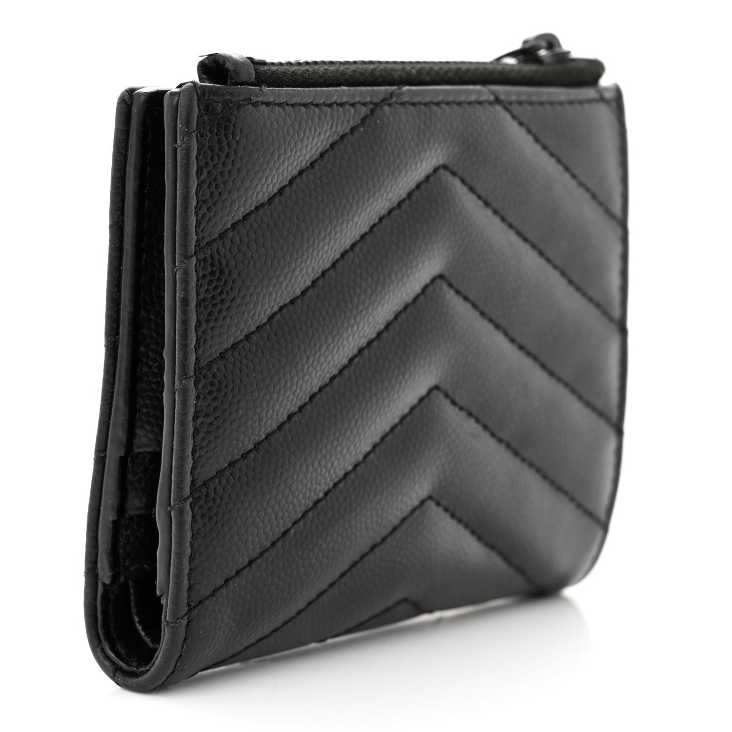 Saint Laurent Grain De Poudre Matelasse Chevron Monogram Zipped Card Case Black 3 of 12