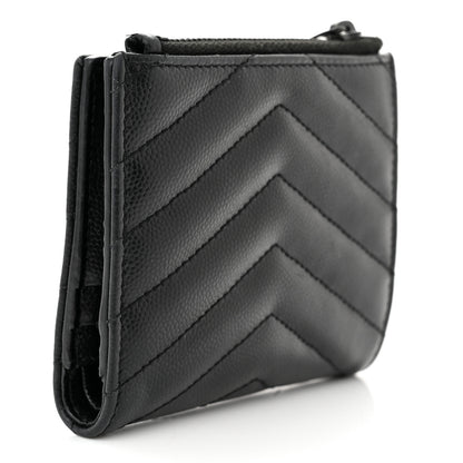 Saint Laurent Grain De Poudre Matelasse Chevron Monogram Zipped Card Case Black 3 of 12